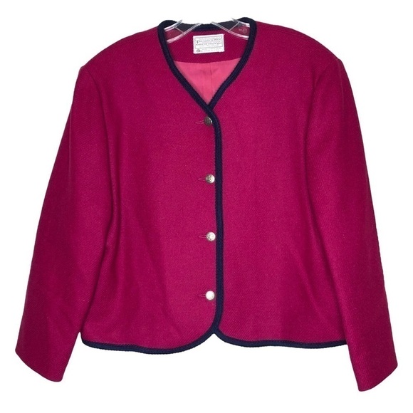 NEW - PENDELTON 100% Wool Raspberry Pink Button Front Blazer Blue Trim - Size 14 - Picture 1 of 5